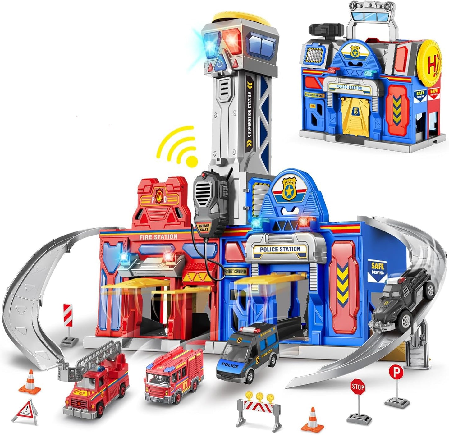 BAODLON 29.5'' Large City Action Transform Track Set – Police & Fire Station