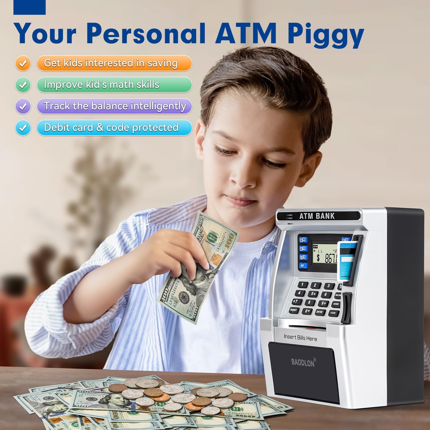 BAODLON ATM Piggy Bank for Kids – Real Money Savings with Debit Card & Bill Feeder