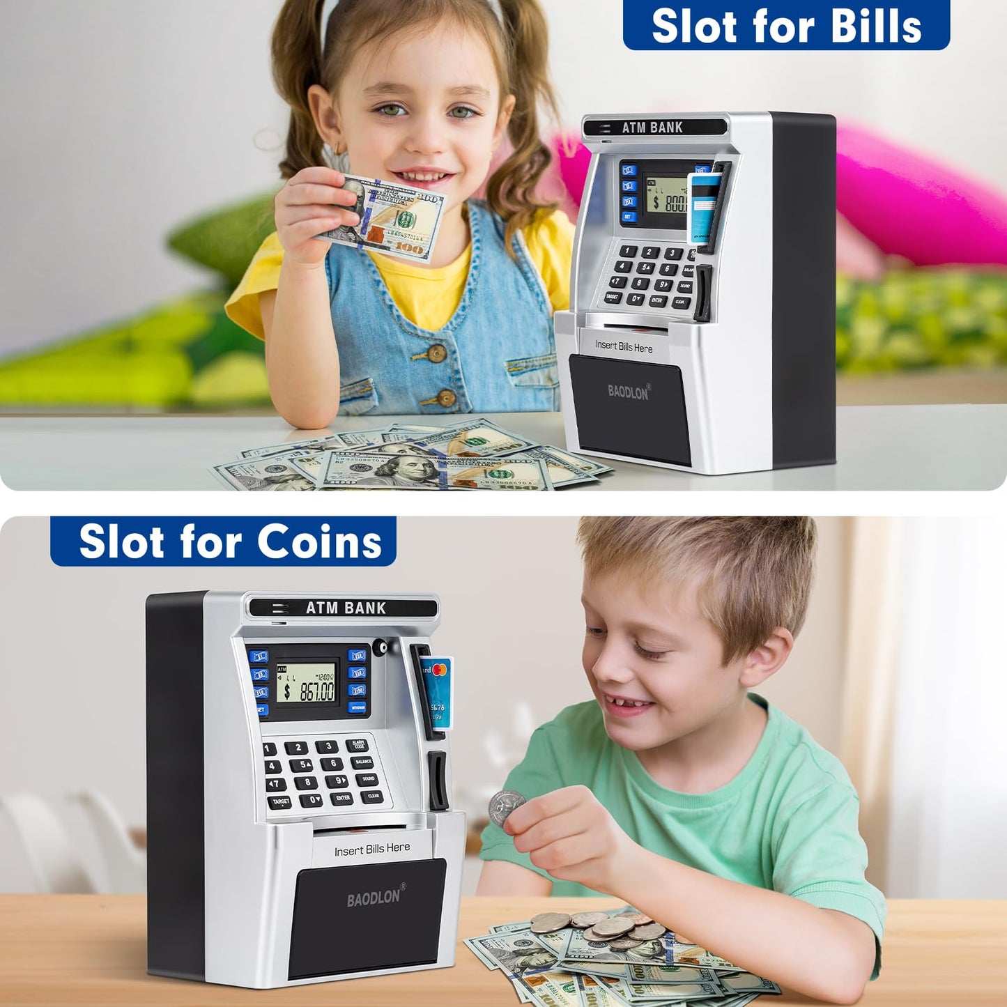 BAODLON ATM Piggy Bank for Kids – Real Money Savings with Debit Card & Bill Feeder
