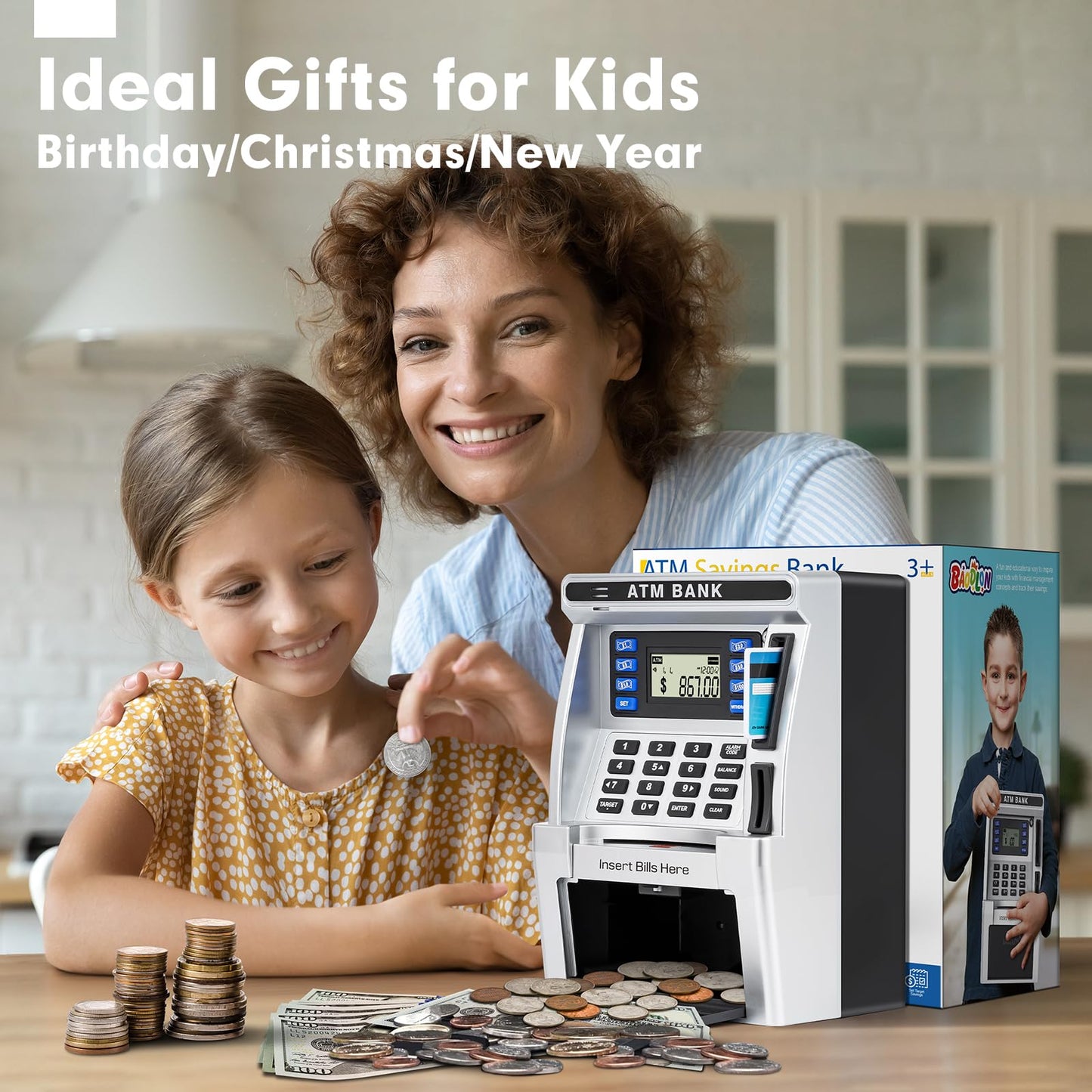 BAODLON ATM Piggy Bank for Kids – Real Money Savings with Debit Card & Bill Feeder