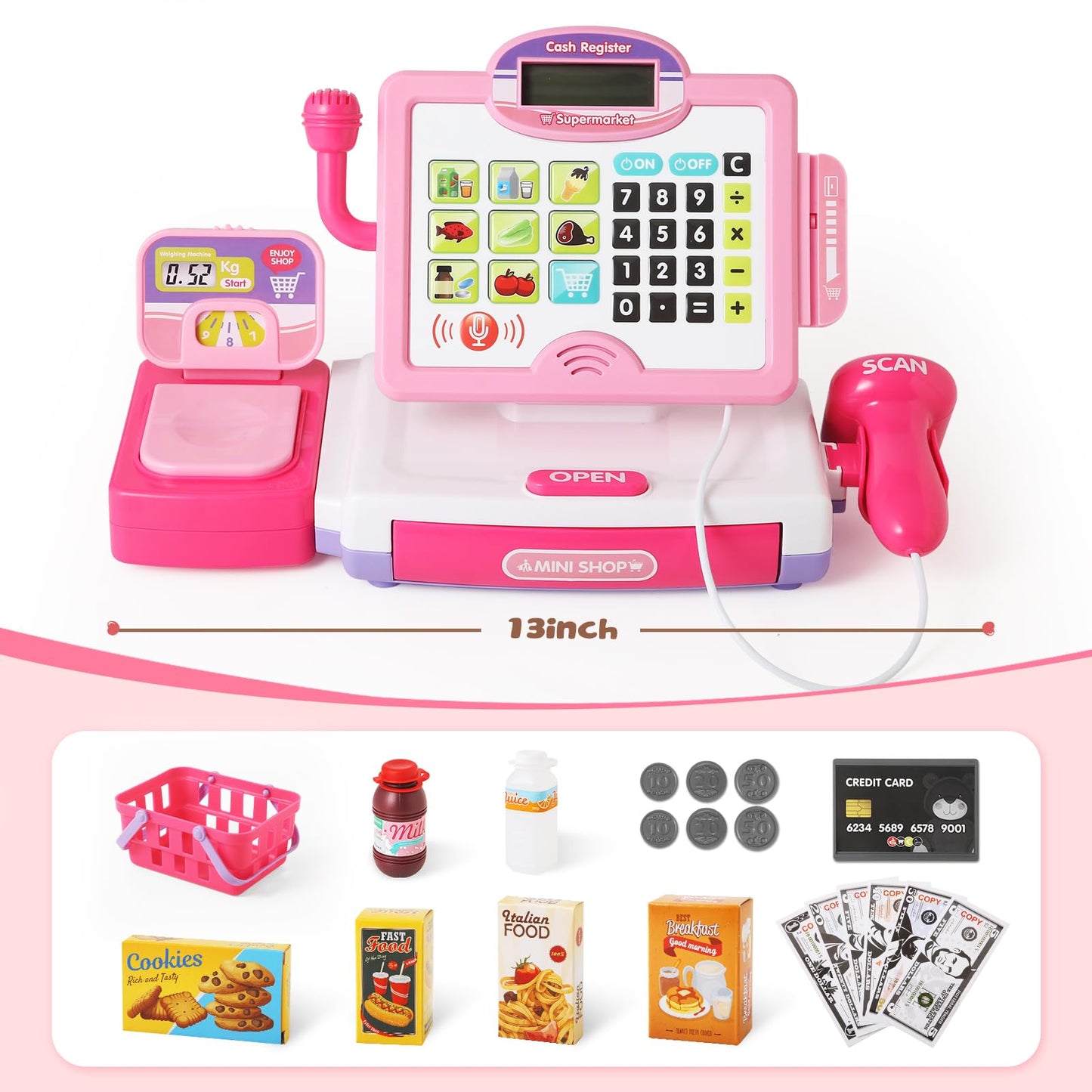 Baodlon Pink Play Calculator Cash Register – 57-Piece Grocery Store Toy for Kids 3-8