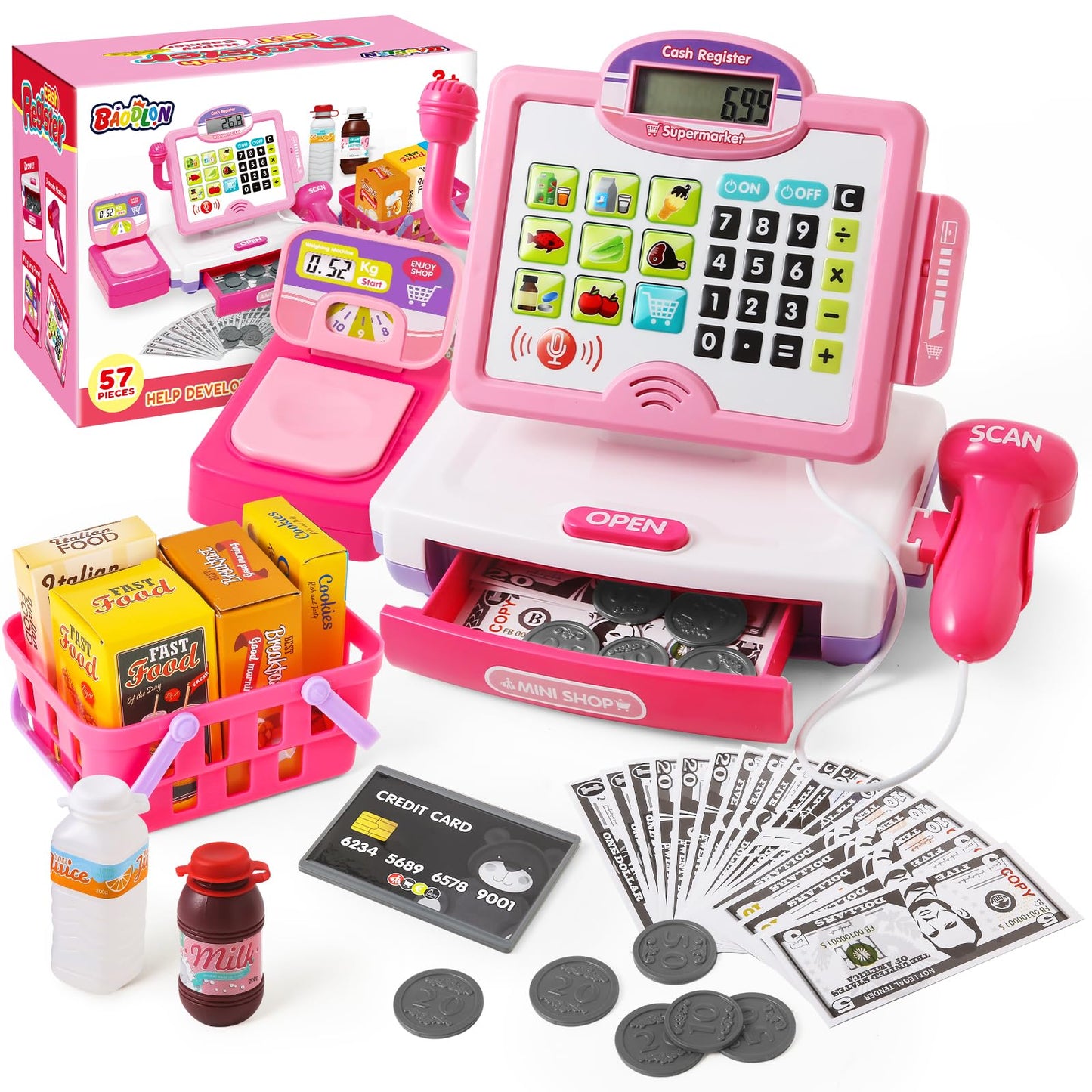 Baodlon Pink Play Calculator Cash Register – 57-Piece Grocery Store Toy for Kids 3-8