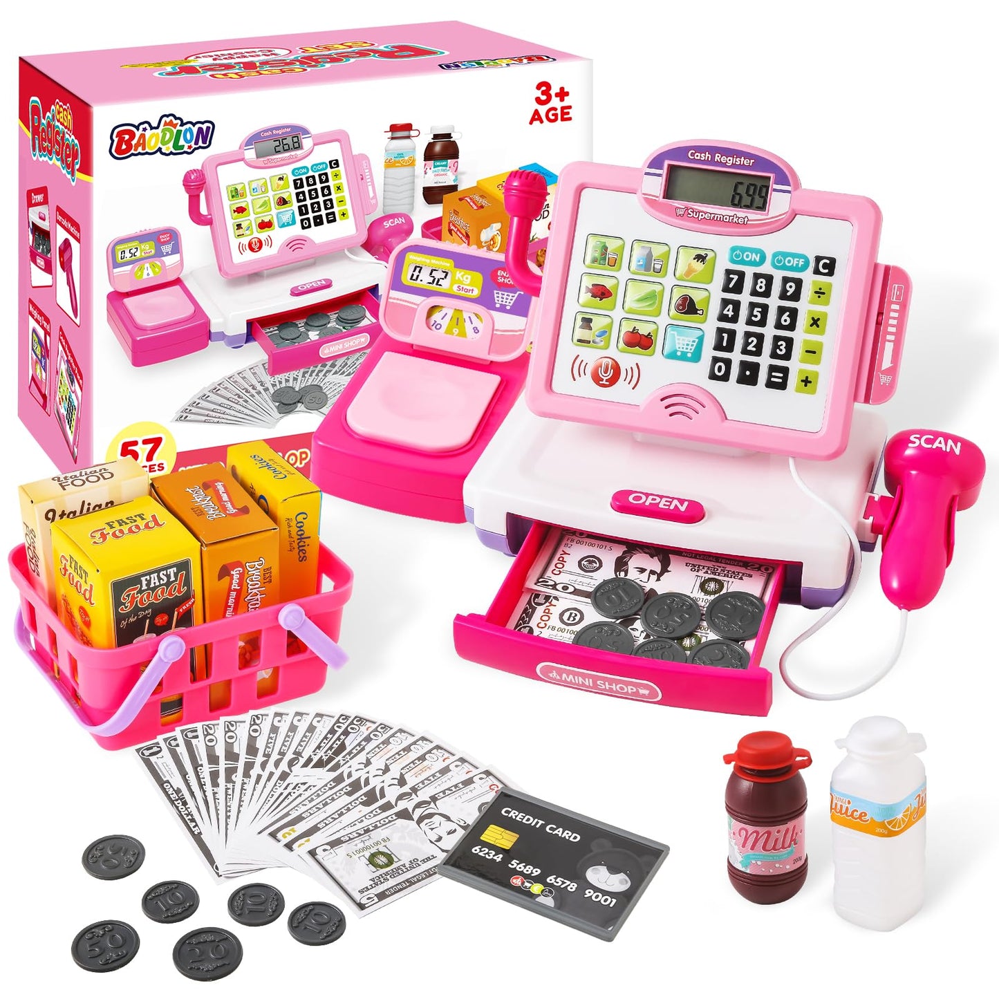 Baodlon Pink Play Calculator Cash Register – 57-Piece Grocery Store Toy for Kids 3-8