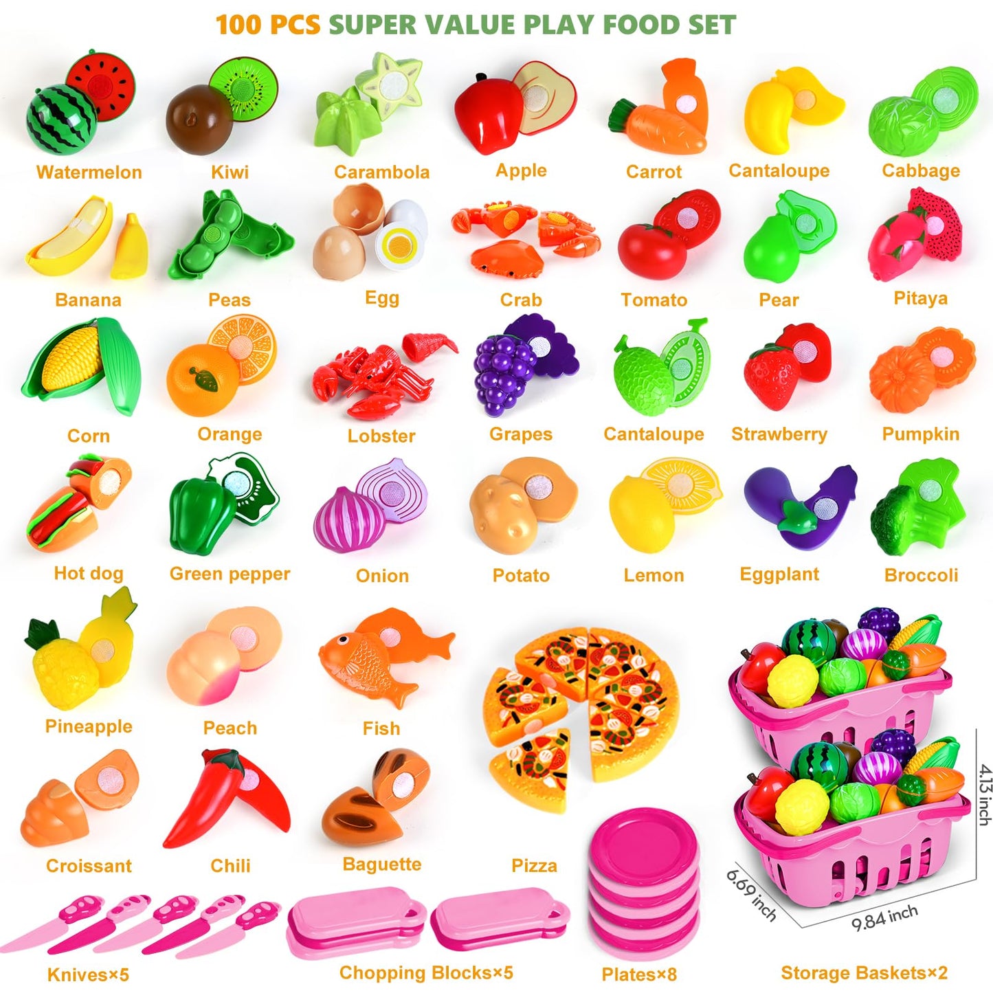 BAODLON 100 Pcs Play Food Set for Kids – Pretend Kitchen Toys with Baskets, Plates, and Safe Cutting Tools