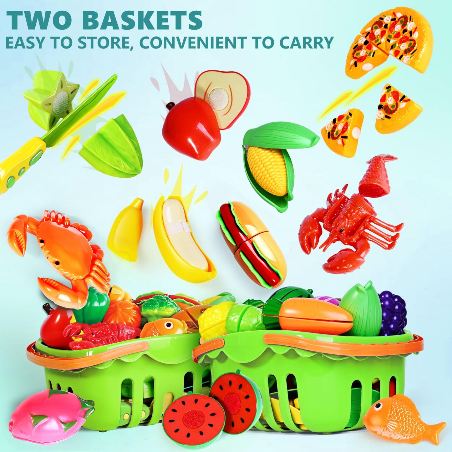 BAODLON 100 Pcs Cutting Play Food Set – Pretend Kitchen Toys for Toddlers 2-5