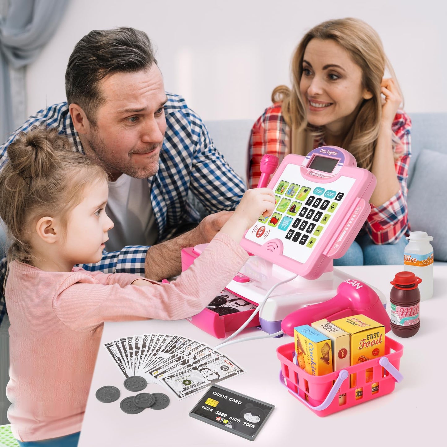 Baodlon Pink Play Calculator Cash Register – 57-Piece Grocery Store Toy for Kids 3-8