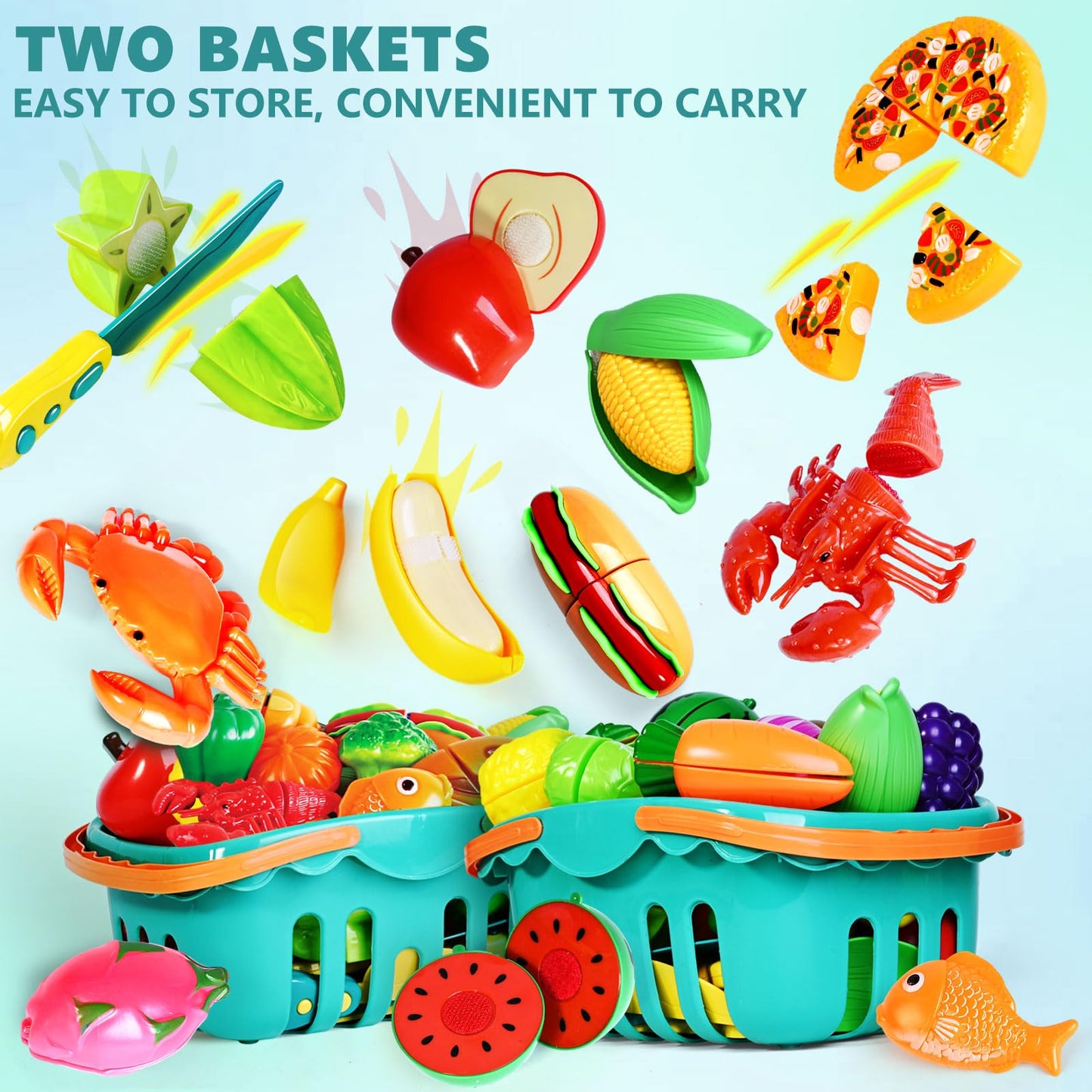 BAODLON 100 Pcs Play Food Set for Kids — Pretend Kitchen with Baskets, Plates, and Cutting Tools