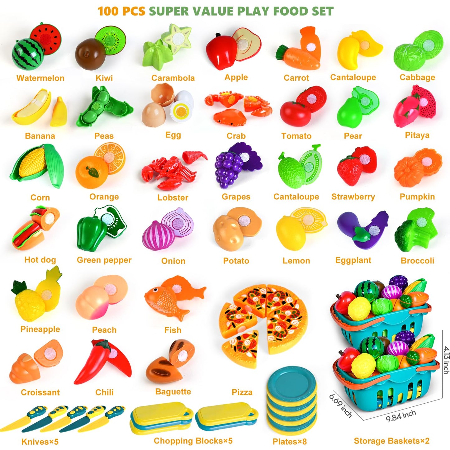 BAODLON 100 Pcs Play Food Set for Kids — Pretend Kitchen with Baskets, Plates, and Cutting Tools