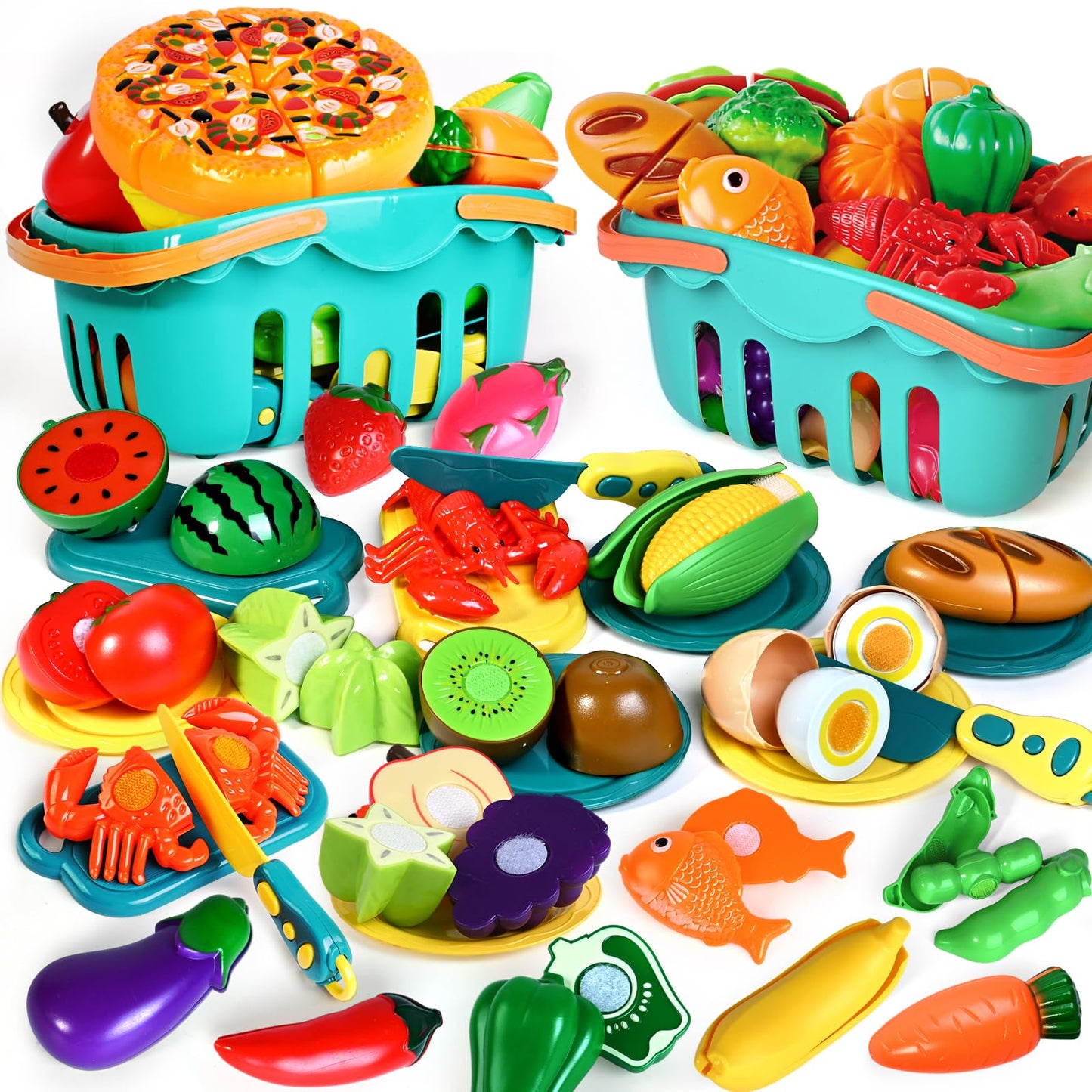 BAODLON 100 Pcs Play Food Set for Kids — Pretend Kitchen with Baskets, Plates, and Cutting Tools