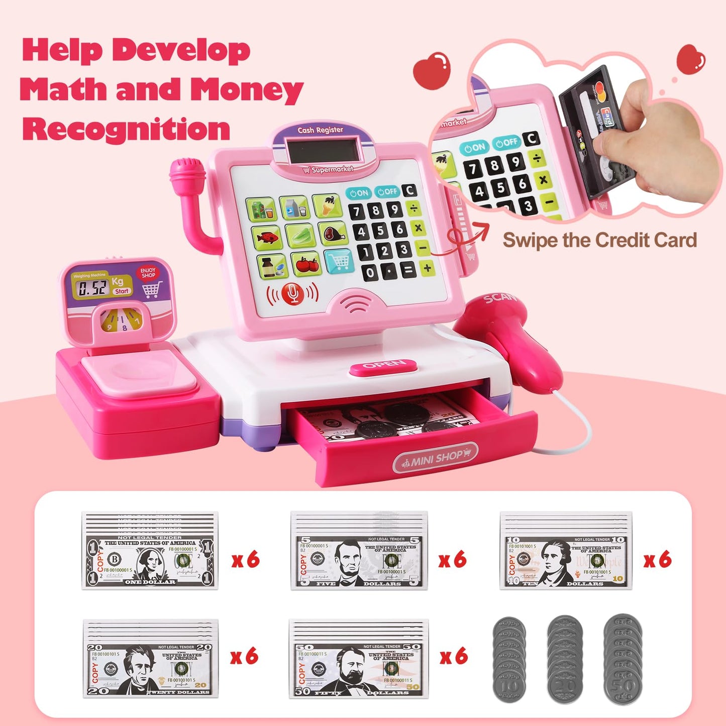 Baodlon Pink Play Calculator Cash Register – 57-Piece Grocery Store Toy for Kids 3-8