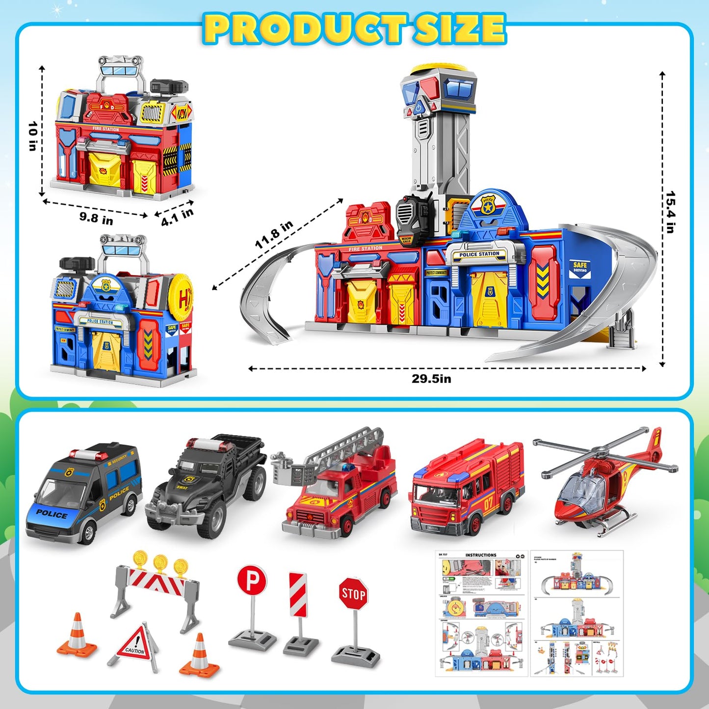 BAODLON 29.5'' Large City Action Transform Track Set – Police & Fire Station