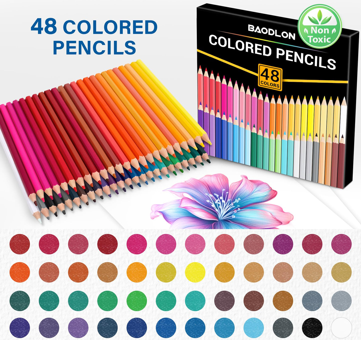 BAODLON 48-Count Colored Pencils Bulk Set – Pre-Sharpened for Kids & Adults