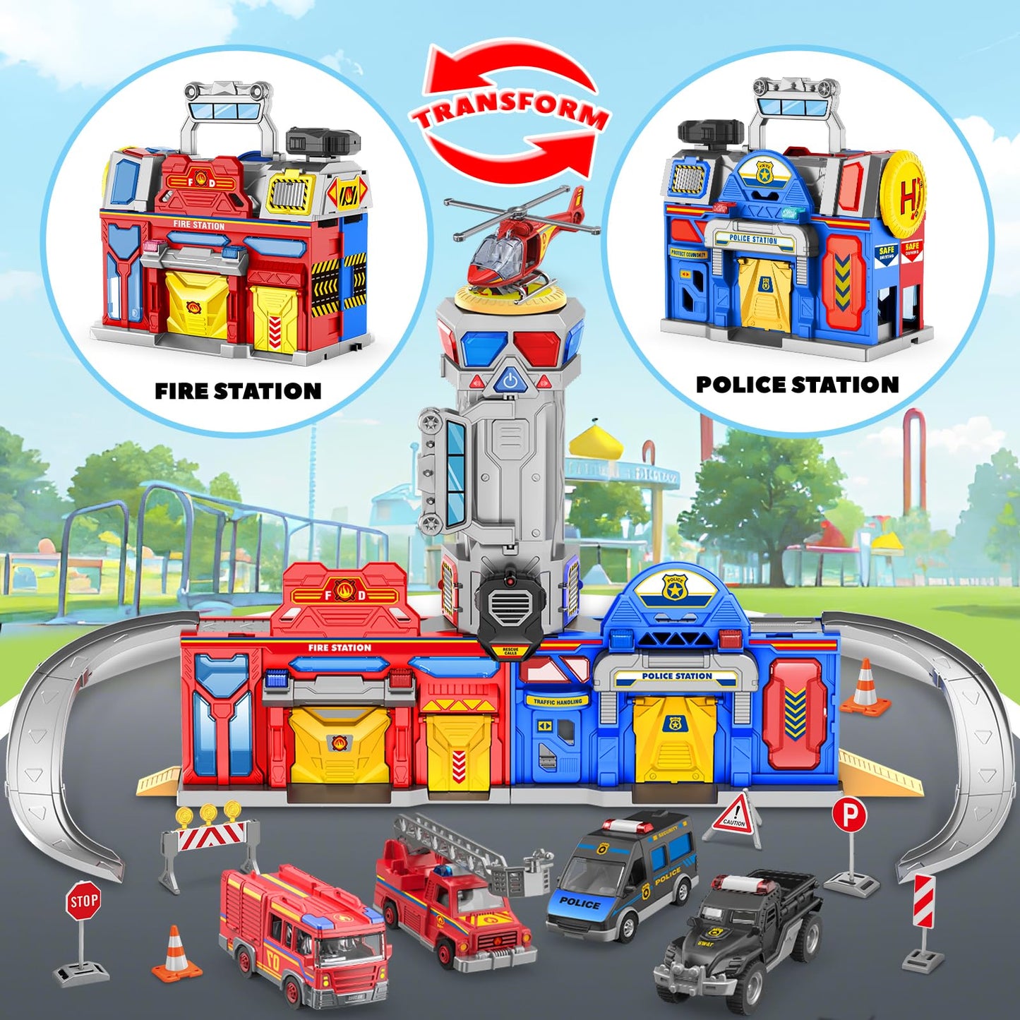 BAODLON 29.5'' Large City Action Transform Track Set – Police & Fire Station