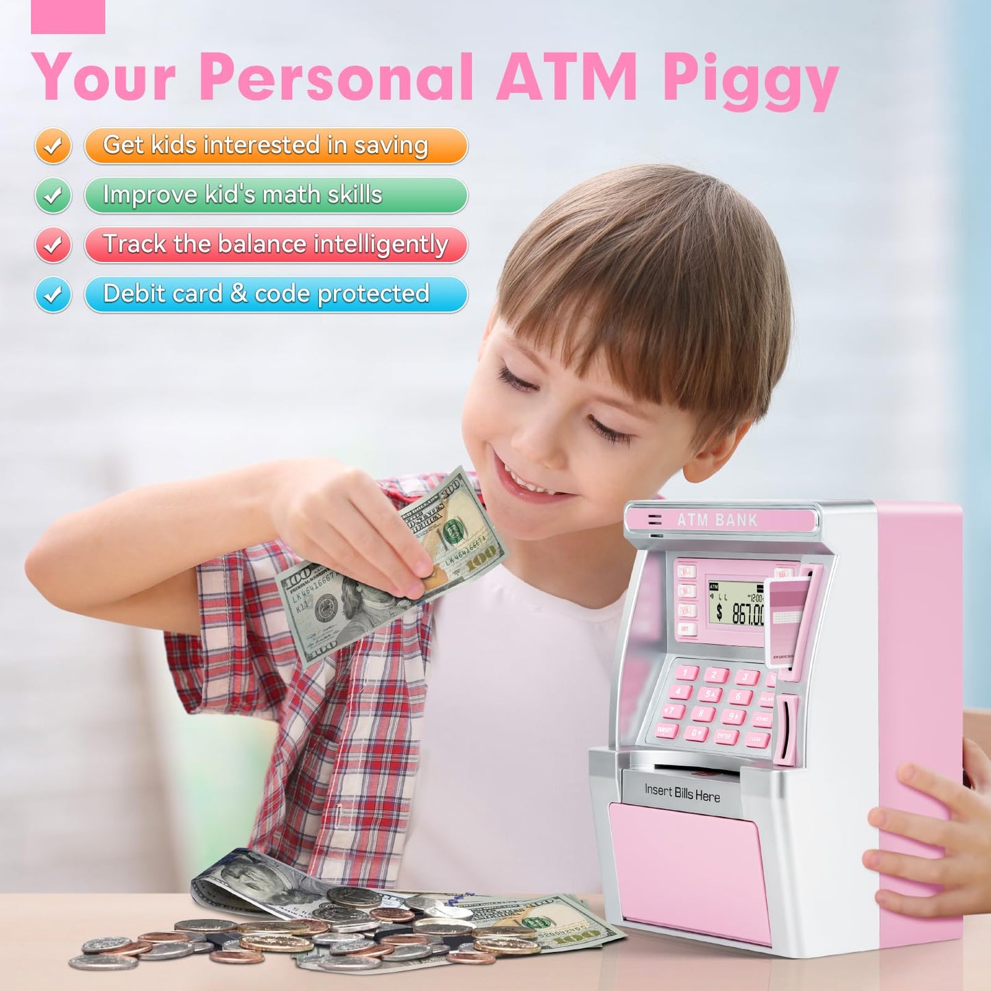 BAODLON Pink Piggy Bank with Debit Card – Real Money ATM Savings & Goal Tracker