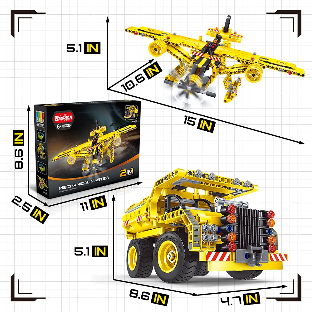 BAODLON STEM Building Toy for Ages 5-12 - 2-in-1 Dump Truck & Propeller Plane Kit (361+ Pieces)