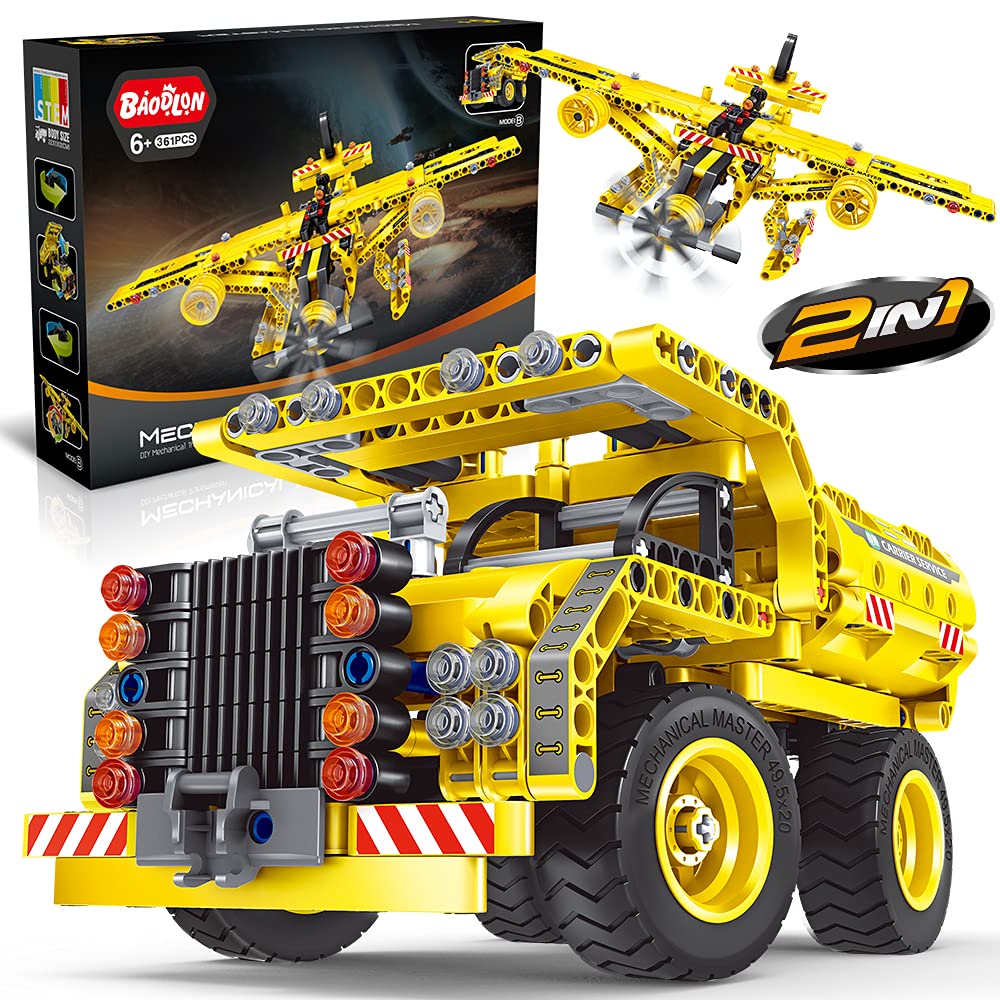 BAODLON STEM Building Toy for Ages 5-12 - 2-in-1 Dump Truck & Propeller Plane Kit (361+ Pieces)