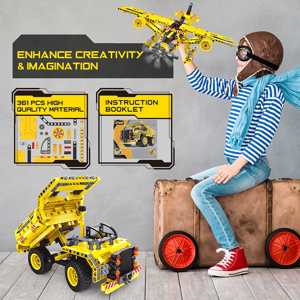 BAODLON STEM Building Toy for Ages 5-12 - 2-in-1 Dump Truck & Propeller Plane Kit (361+ Pieces)