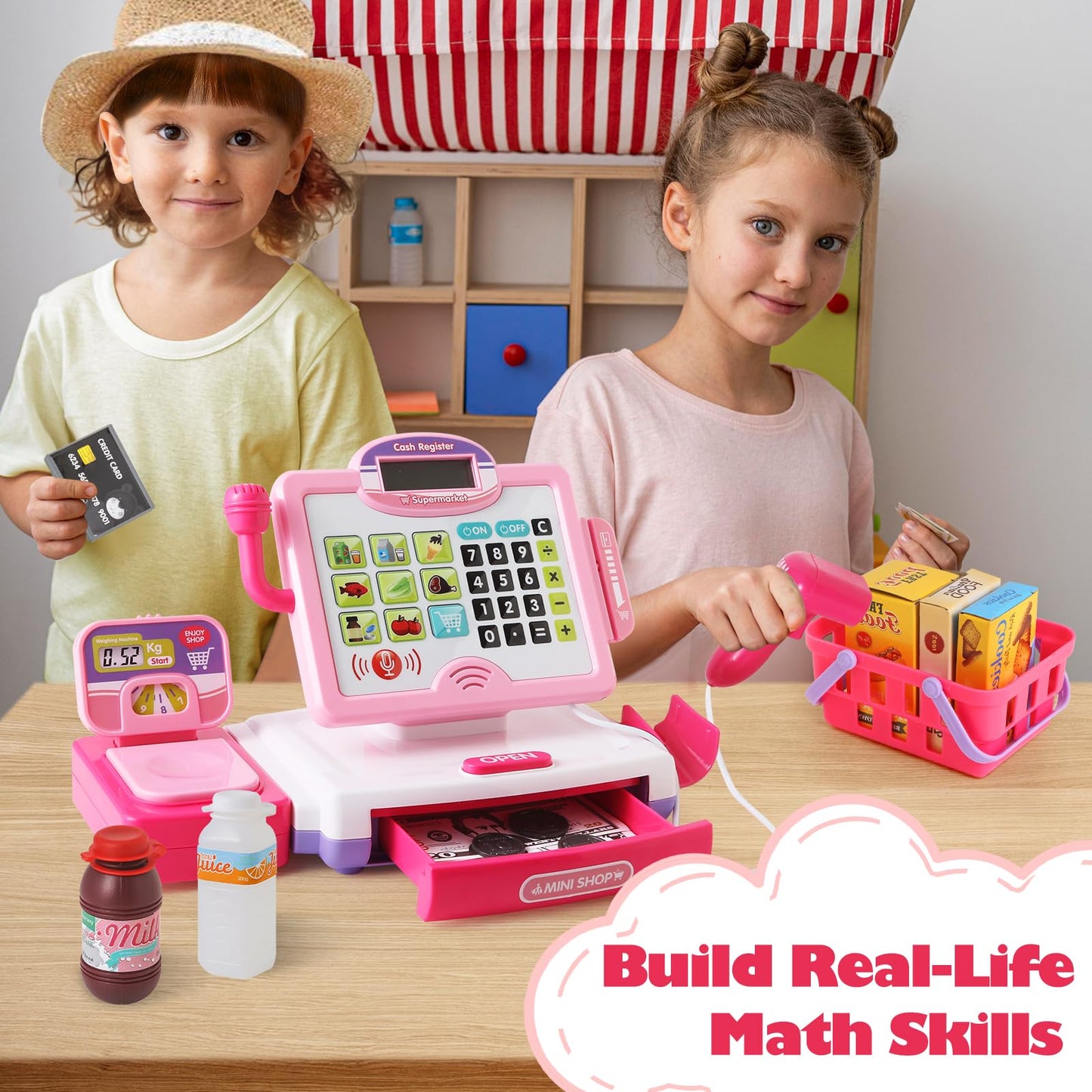 Baodlon Pink Play Calculator Cash Register – 57-Piece Grocery Store Toy for Kids 3-8