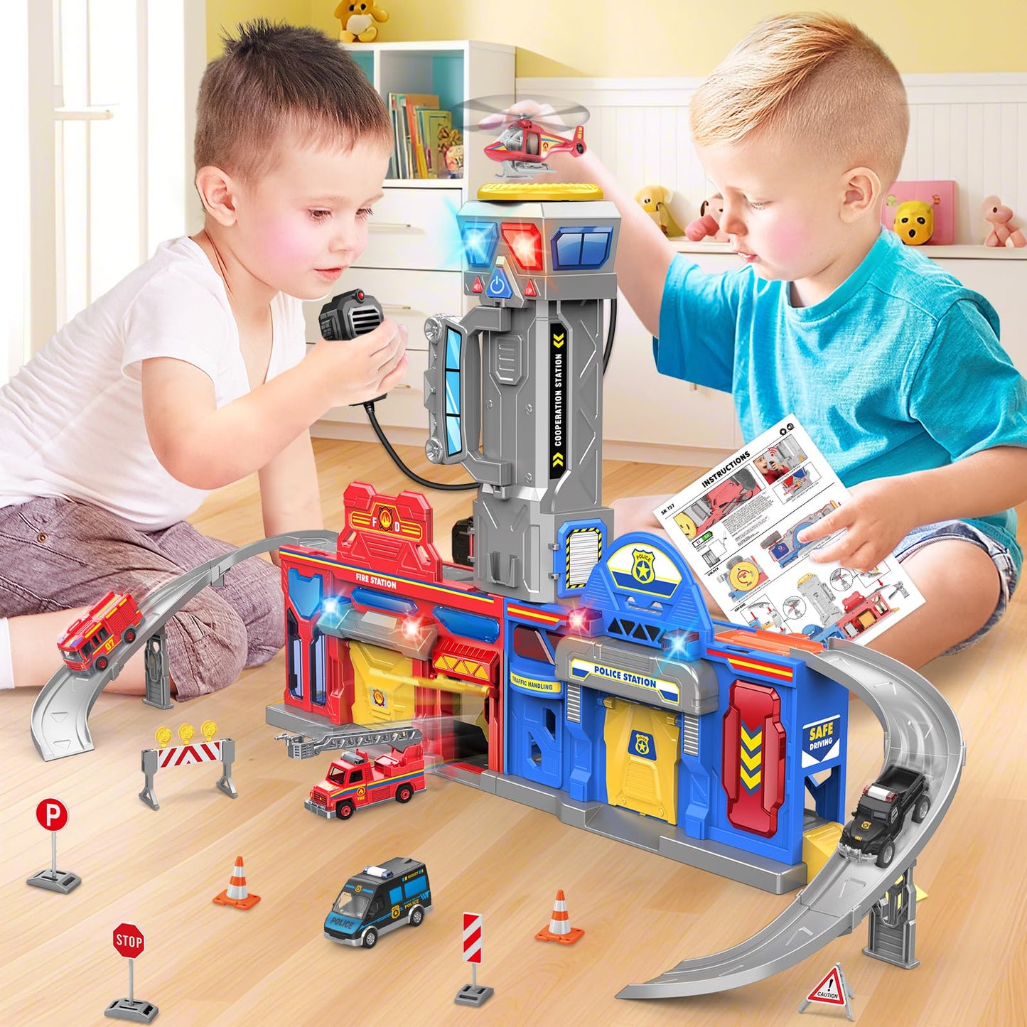 BAODLON 29.5'' Large City Action Transform Track Set – Police & Fire Station