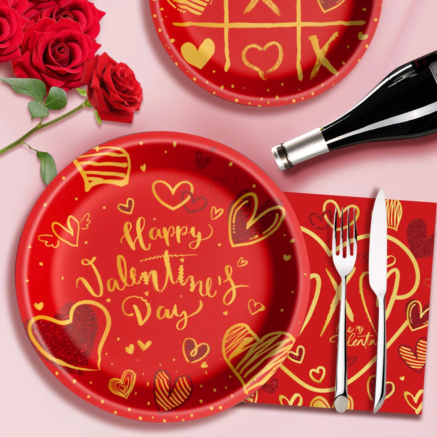 Baolaiballoon Valentine’s Day Tableware Set – 24 Serves, Red Heart Theme