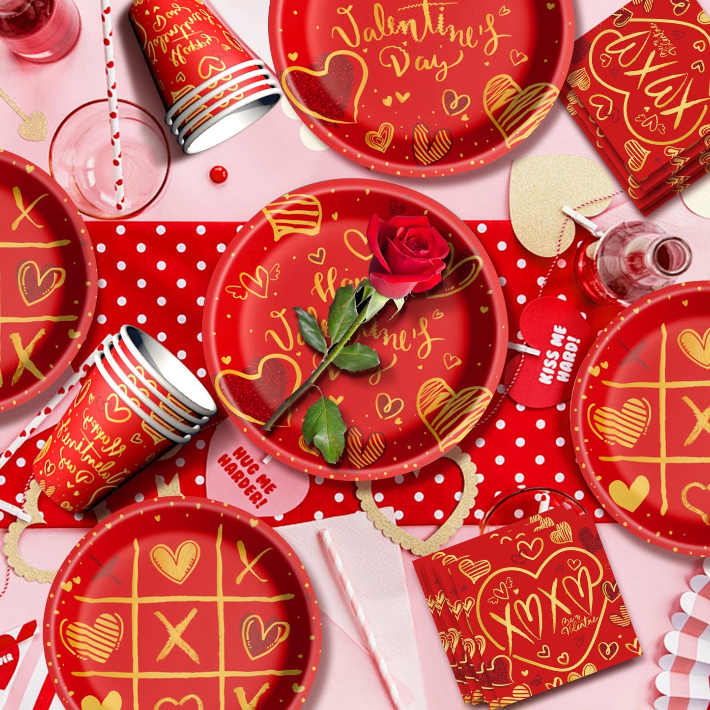 Baolaiballoon Valentine’s Day Tableware Set – 24 Serves, Red Heart Theme