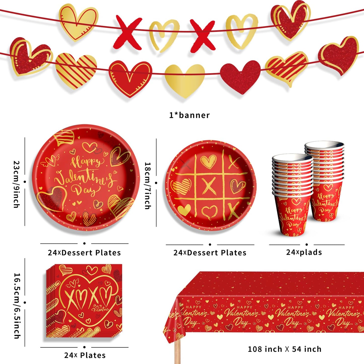Baolaiballoon Valentine’s Day Tableware Set – 24 Serves, Red Heart Theme