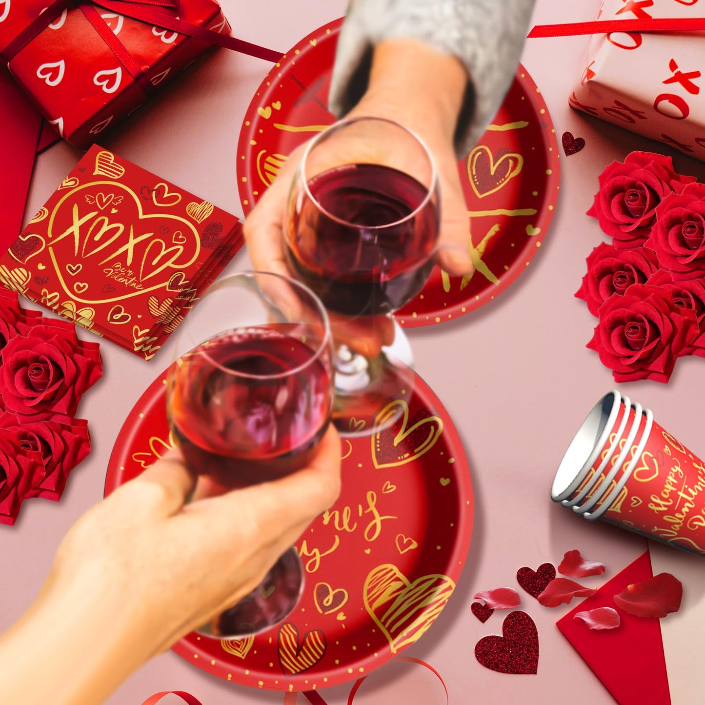 Baolaiballoon Valentine’s Day Tableware Set – 24 Serves, Red Heart Theme