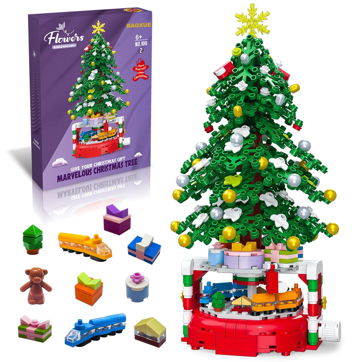 BAOXUE 515-Piece Christmas Tree Building Set with Rotating Base | Holiday Kids Gift