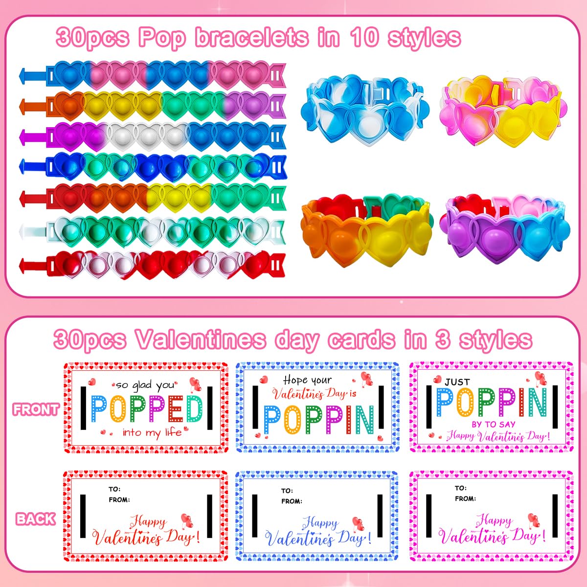 BAOXUE 30-Pack Pop It Valentines Cards for Kids Classroom — Fidget Valentines Gifts for School