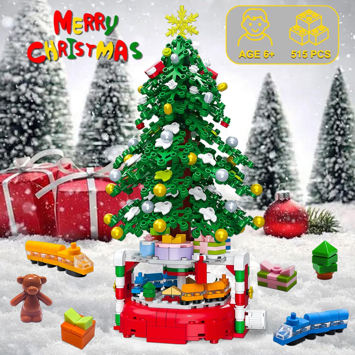 BAOXUE 515-Piece Christmas Tree Building Set with Rotating Base | Holiday Kids Gift