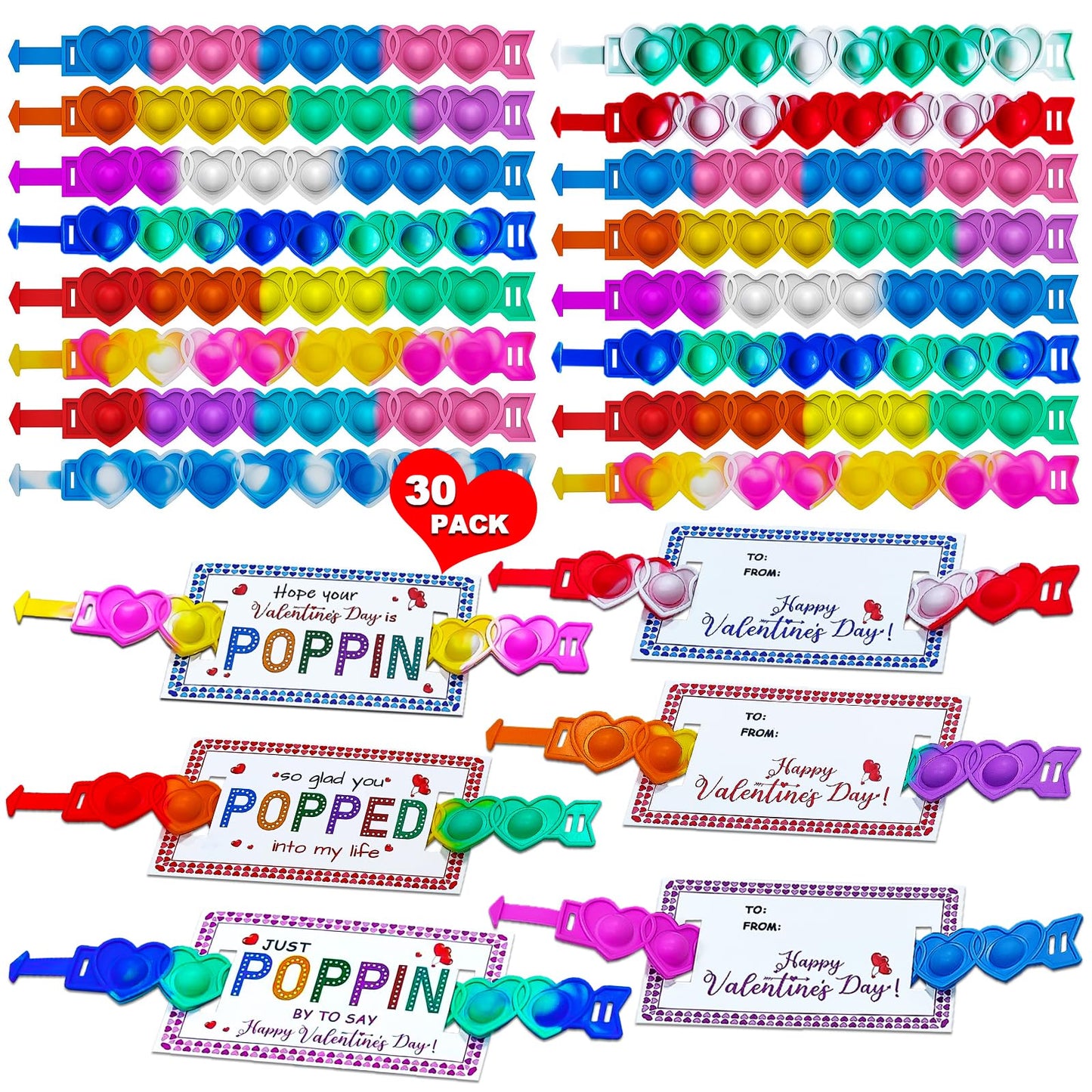 BAOXUE 30-Pack Pop It Valentines Cards for Kids Classroom — Fidget Valentines Gifts for School