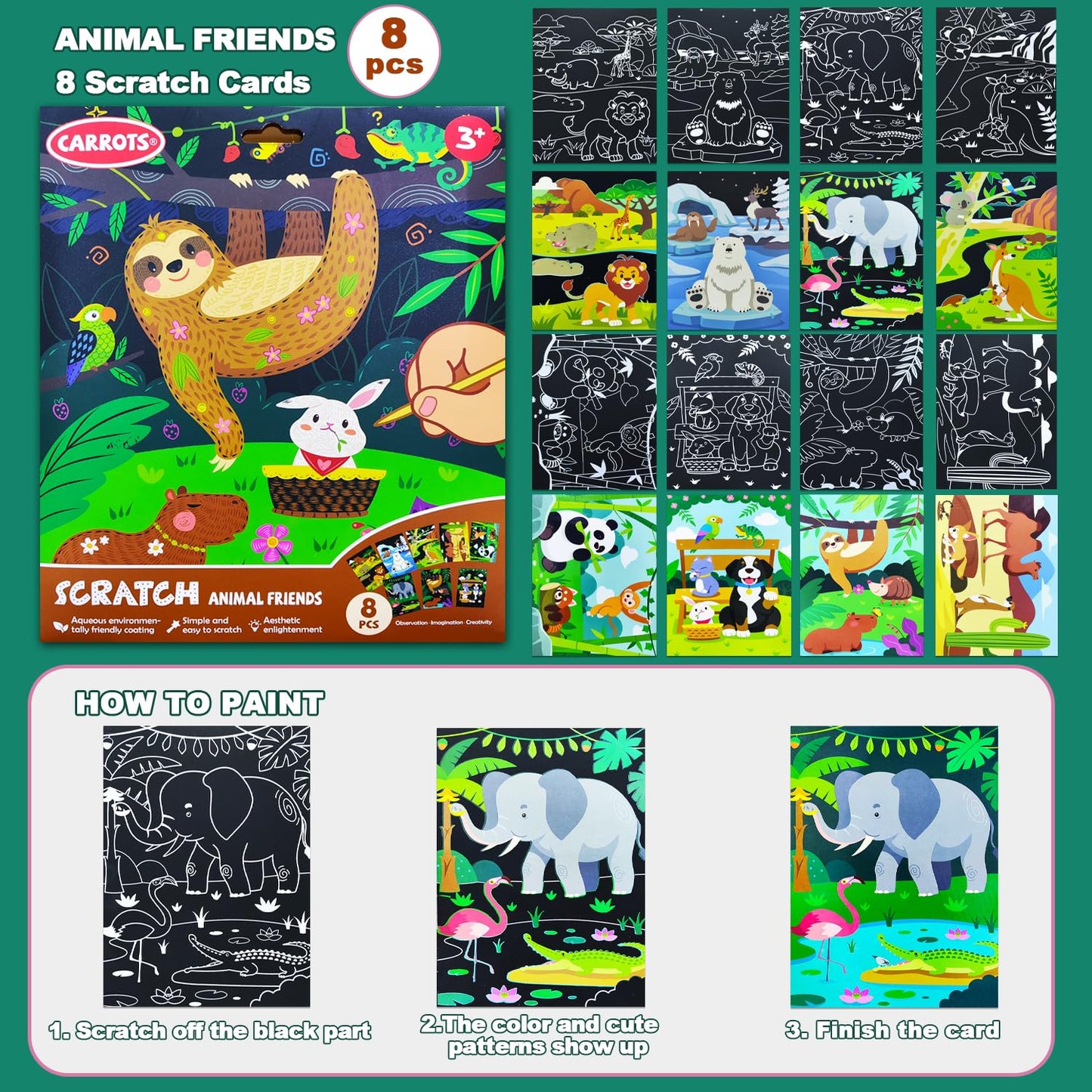 BAOXUE Scratch Art for Kids – Black Rainbow Animal Art Set