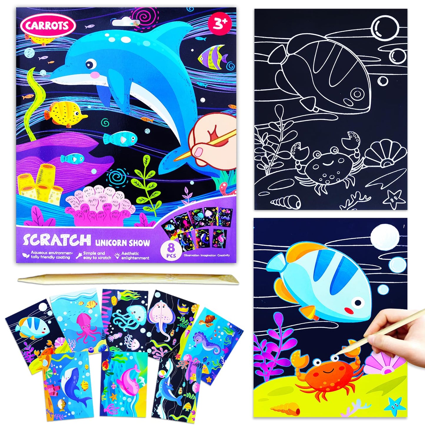 BAOXUE Sea Animals Scratch Art for Kids – Rainbow Scratch Paper Set