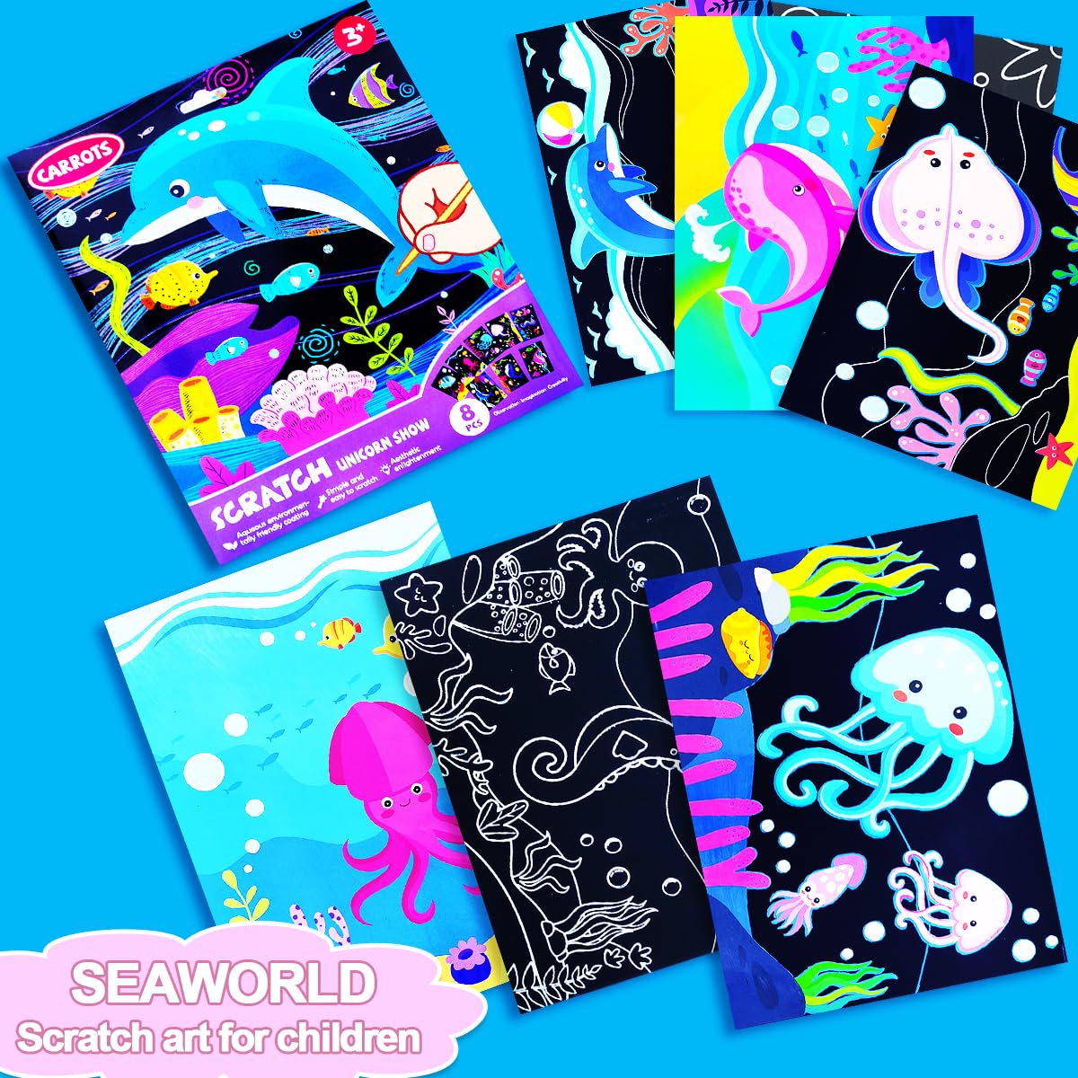 BAOXUE Sea Animals Scratch Art for Kids – Rainbow Scratch Paper Set