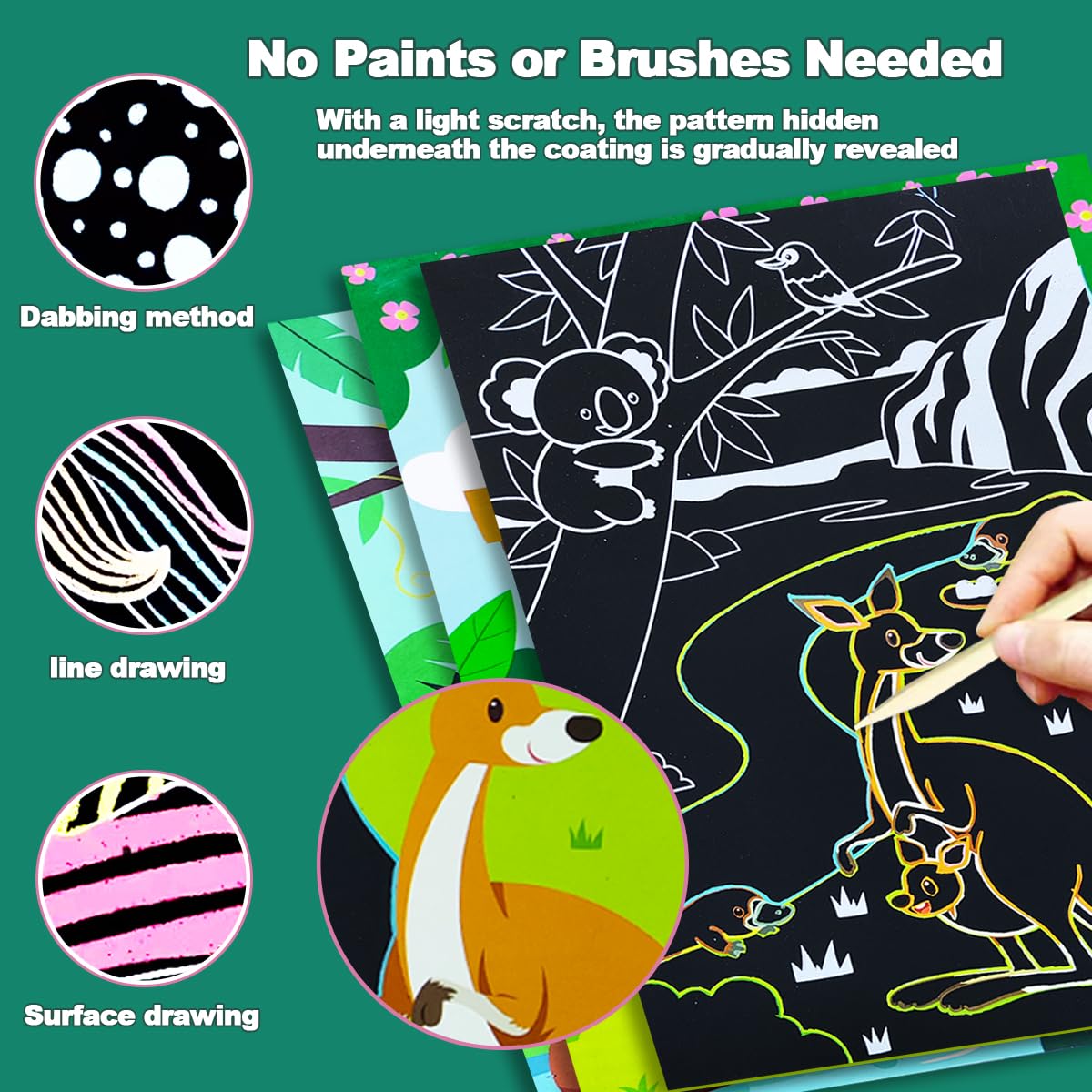 BAOXUE Scratch Art for Kids – Black Rainbow Animal Art Set