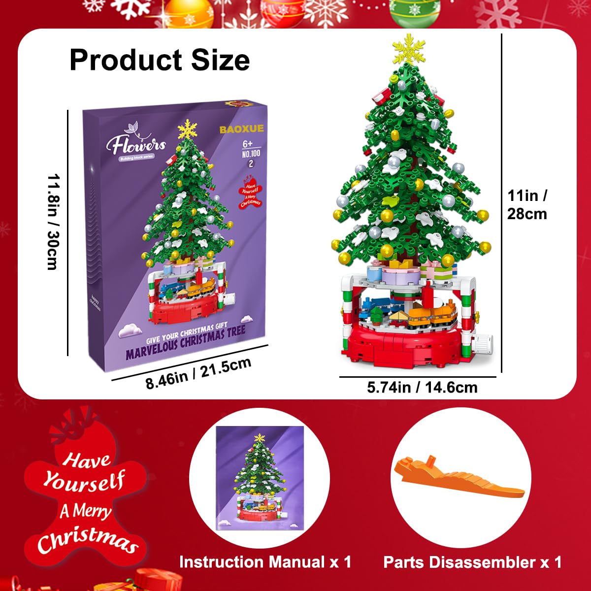 BAOXUE 515-Piece Christmas Tree Building Set with Rotating Base | Holiday Kids Gift
