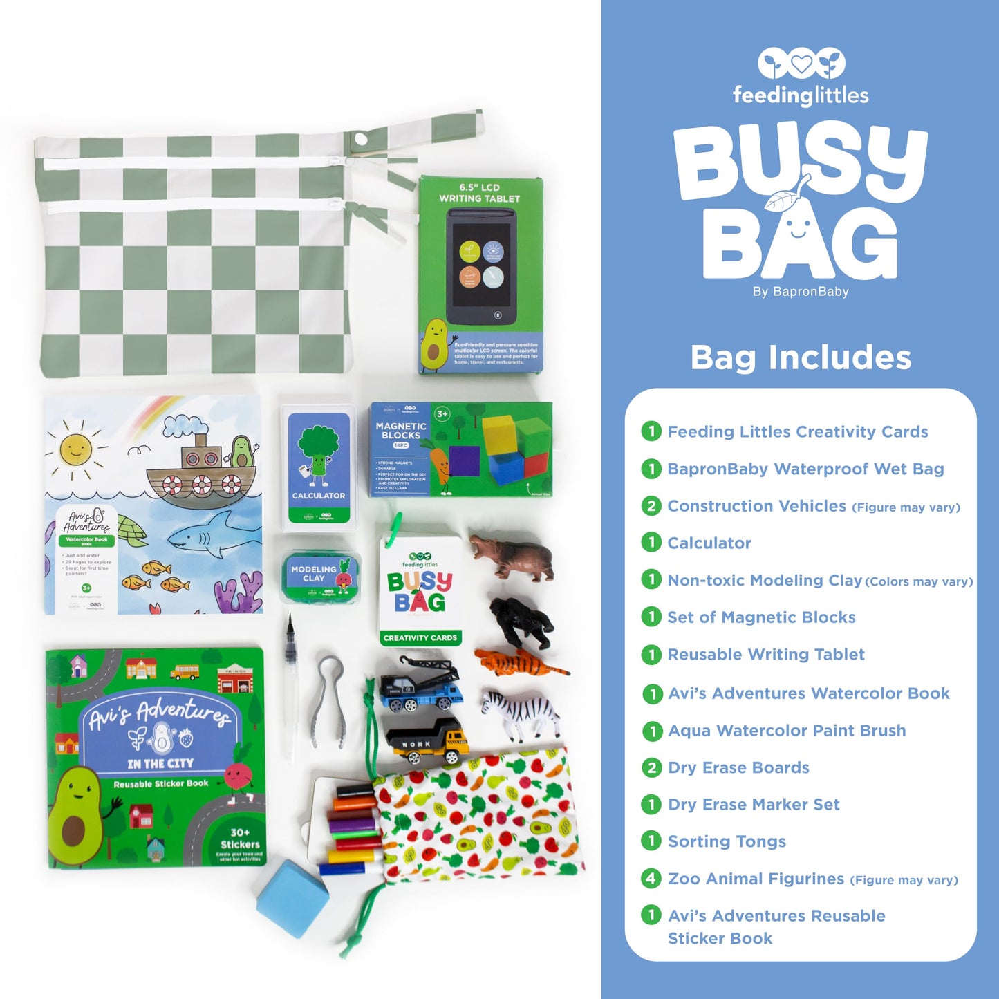 BapronBaby Feeding Littles Busy Bag (Sage Checkerboard) – Toddler Travel Activity Kit for Ages 3+