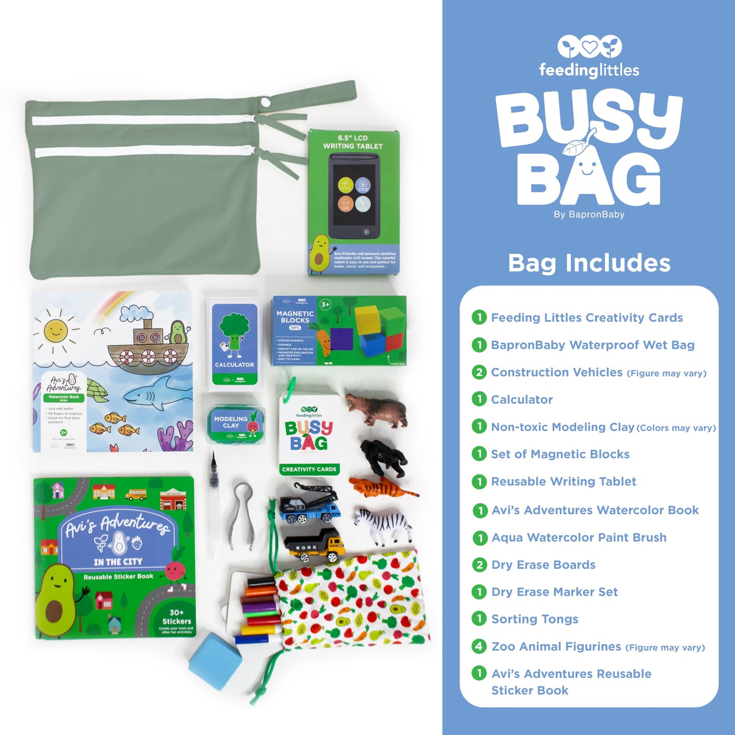 BapronBaby Feeding Littles Busy Bag (Sage) – Toddler Travel Activity Kit