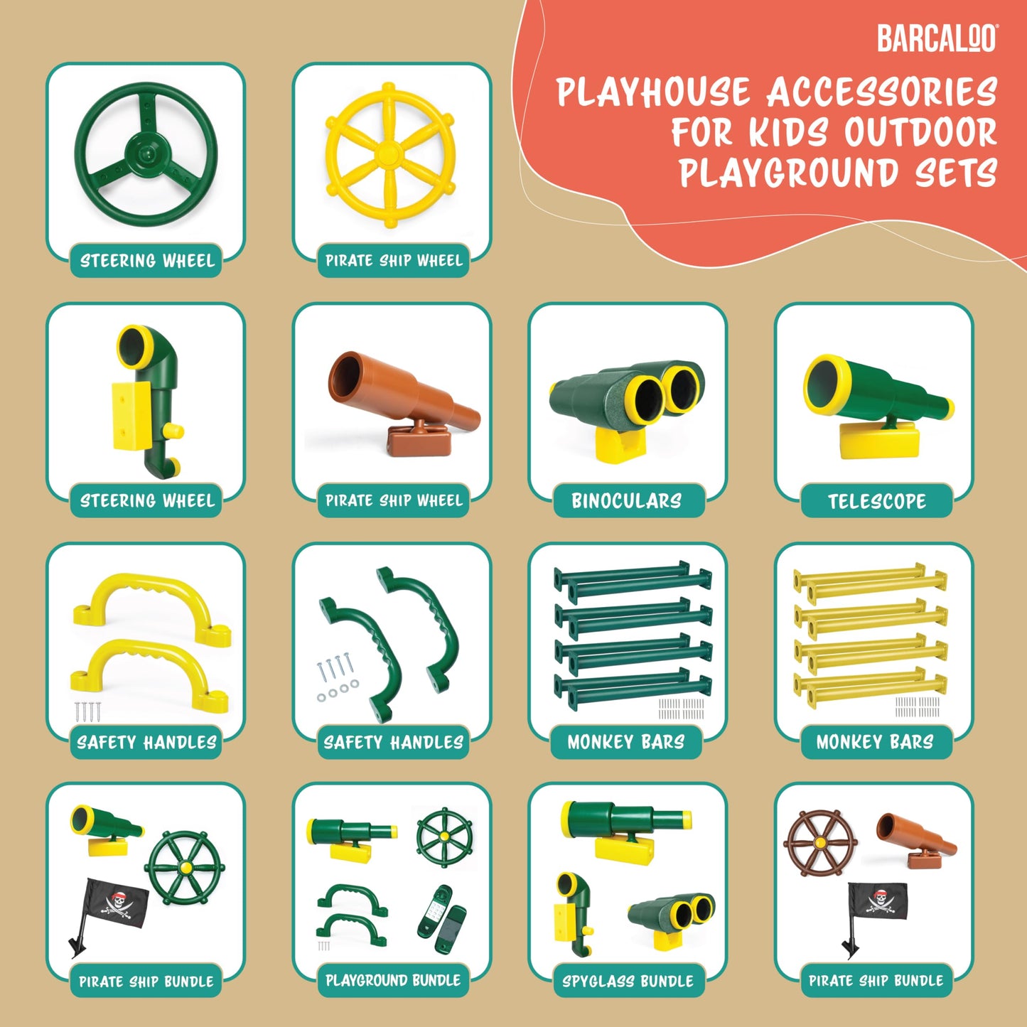 Barcaloo Swing Set Hardware 12 Pack – Green Powder-Coated Monkey Bars for Backyard & Indoor Play