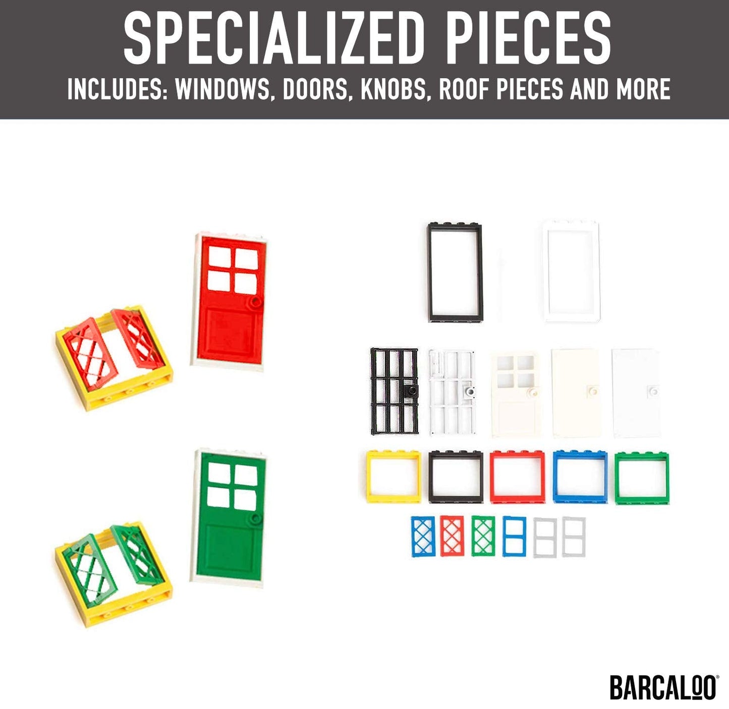 Barcaloo 200-Piece Windows, Doors & Roof Tops Play Set | 7 Classic Colors