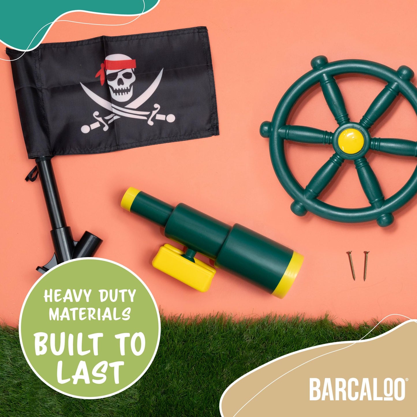 Barcaloo Playground Equipment Bundle: Pirate Telescope, Steering Wheel & Flags for Backyard Playsets
