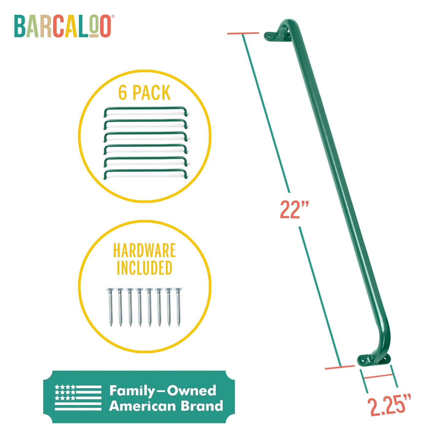 Barcaloo 22-Inch Grab Handle Bars – Set of 6 Green Safety Handles for Backyard, Indoor & Outdoor Play