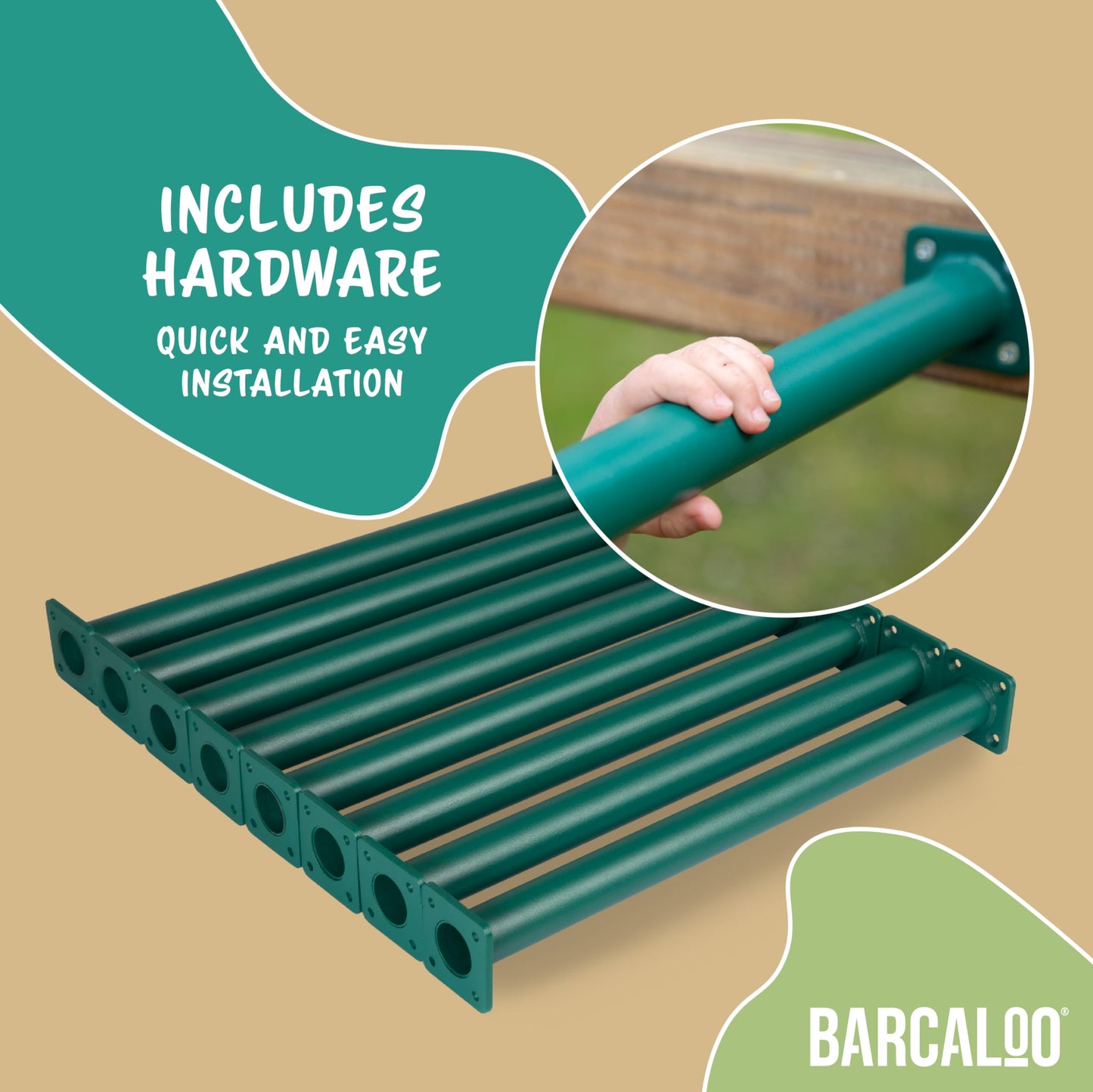 Barcaloo Monkey Bars Playset Attachment – 8 Green Powder-Coated Bars, Indoor/Outdoor, 16.5 Inches