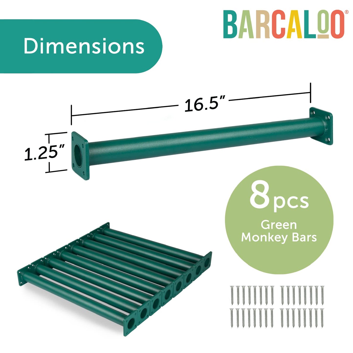 Barcaloo Monkey Bars Playset Attachment – 8 Green Powder-Coated Bars, Indoor/Outdoor, 16.5 Inches