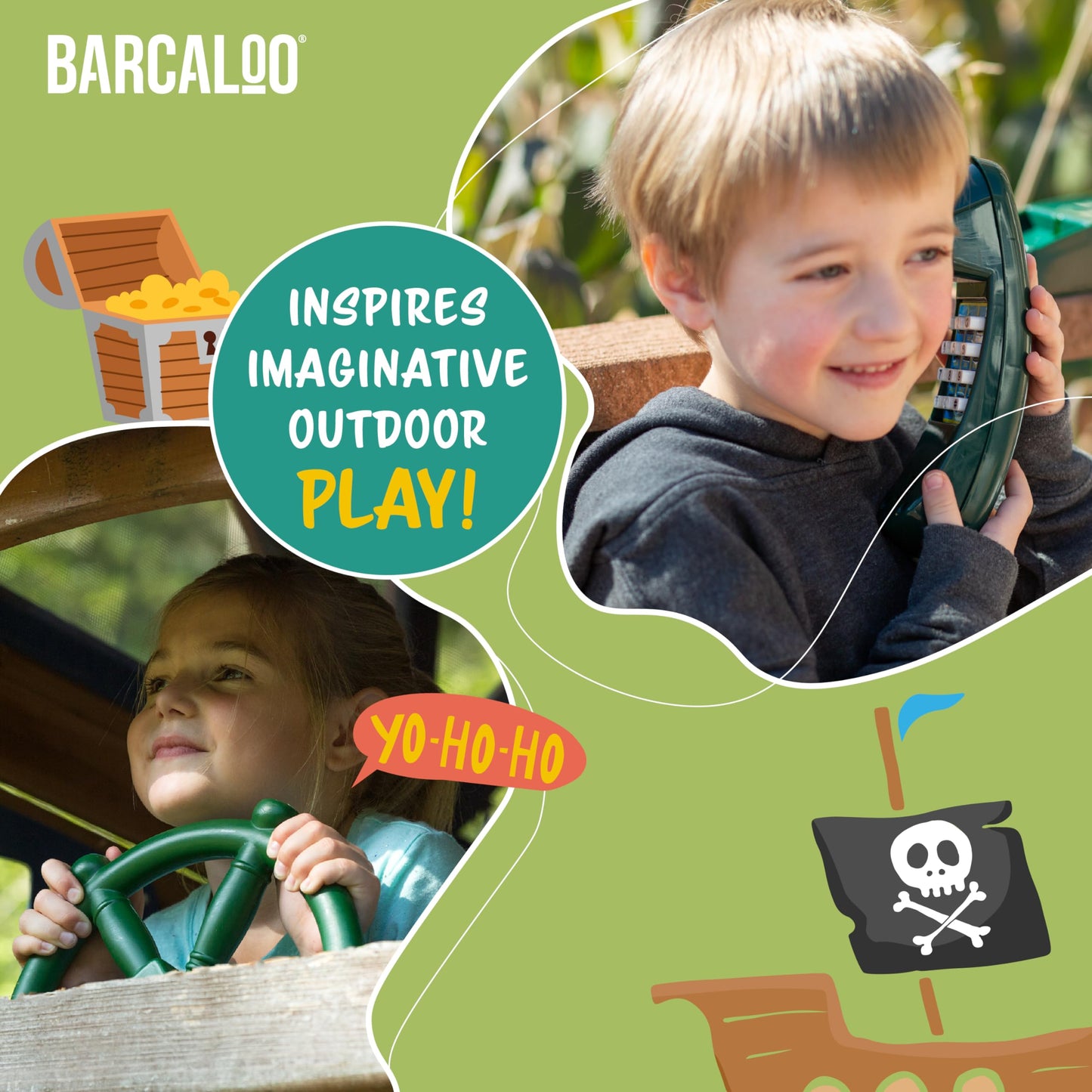 Barcaloo 7-Piece Outdoor Playground Accessories – Pirate Telescope, Playhouse Wheel, Green Safety Handles & Phone Attachments