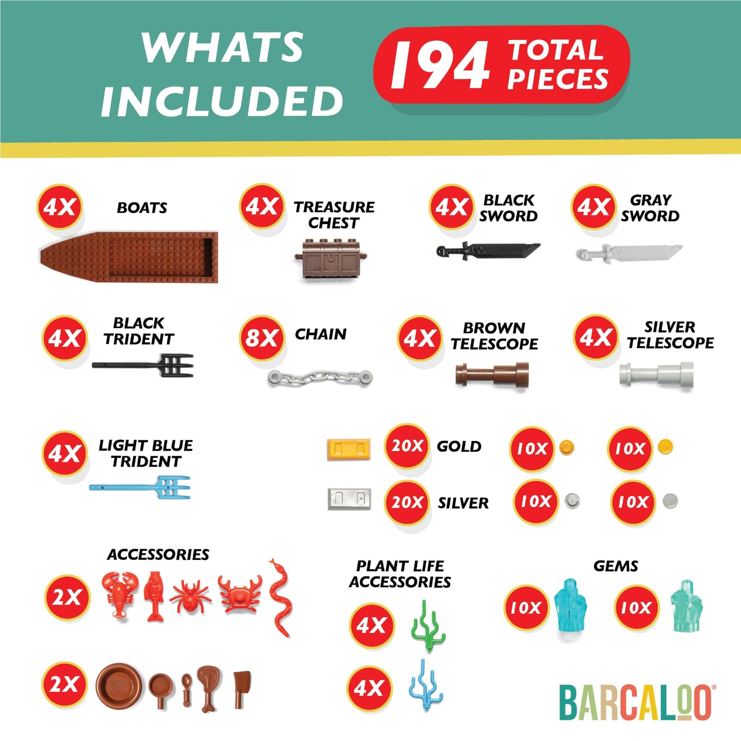 Barcaloo 194-Piece Pirate Bricks Kit | Boats, Treasure & Swords | LEGO Compatible