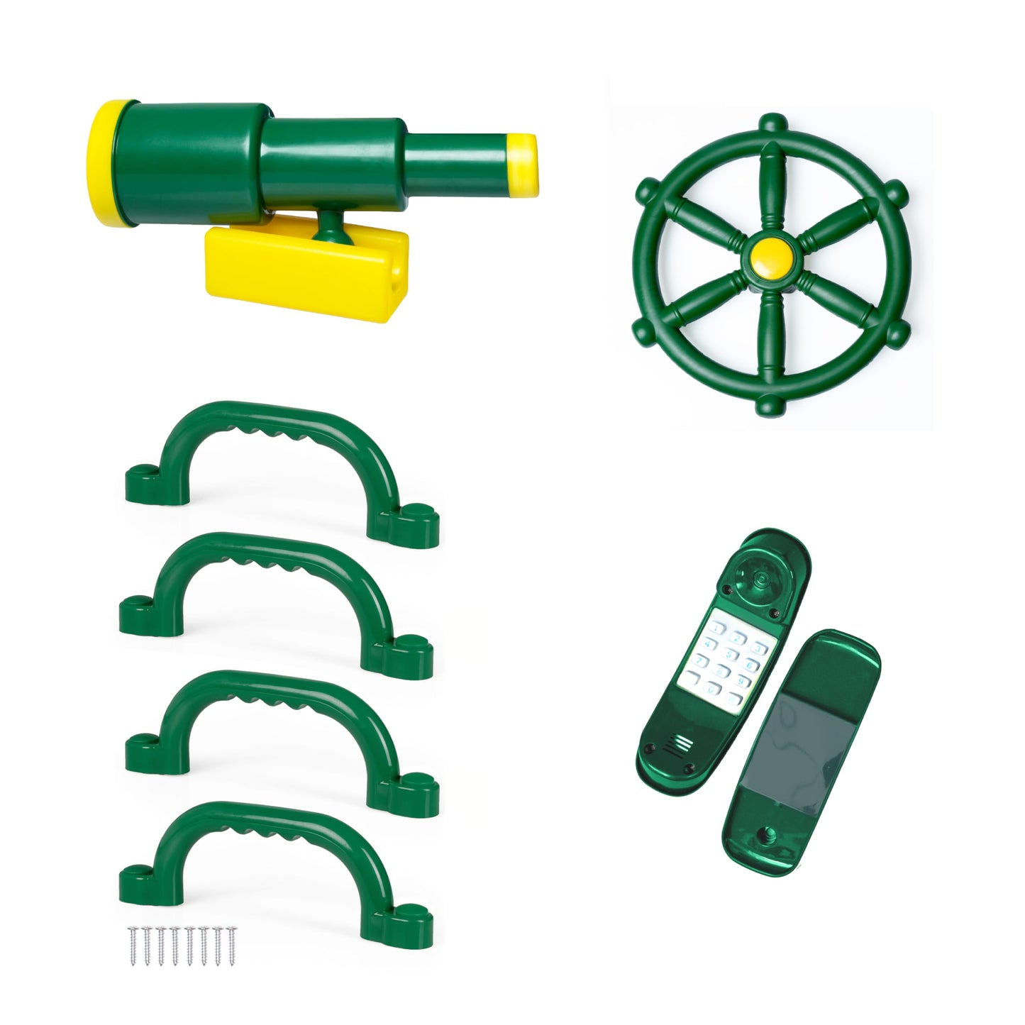 Barcaloo 7-Piece Outdoor Playground Accessories – Pirate Telescope, Playhouse Wheel, Green Safety Handles & Phone Attachments
