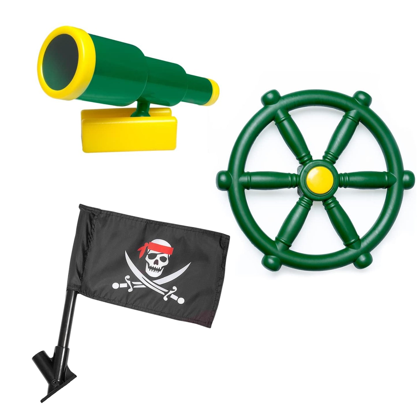 Barcaloo Playground Equipment Bundle: Pirate Telescope, Steering Wheel & Flags for Backyard Playsets