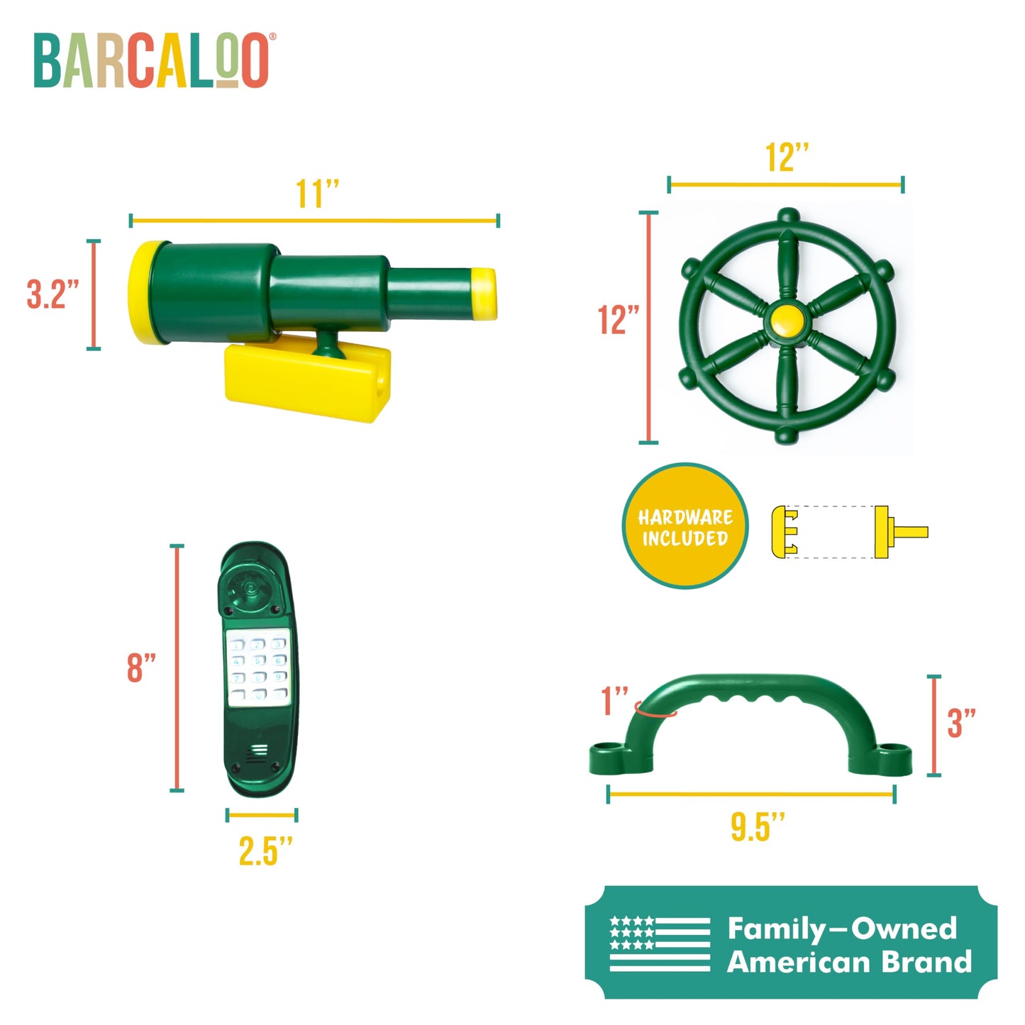 Barcaloo 7-Piece Outdoor Playground Accessories – Pirate Telescope, Playhouse Wheel, Green Safety Handles & Phone Attachments