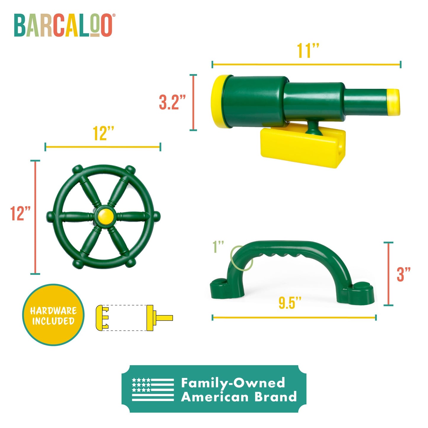 Barcaloo Playground Accessories - Pirate Telescope, Steering Wheel & Green Safety Handles